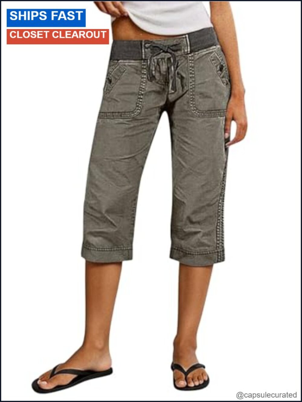Flamingals High Waist Straight Leg Capri Drawstring Pants Cotton Spandex